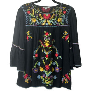 John Mark Top Women XS Black Multi Floral Embroidered 3/4 Bell Sleeve Blouse C27